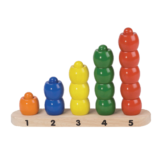 A set of colorful counting rods in ascending order with numbers 1 to 5 marked beneath each rod.