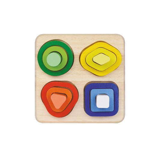 Arrange smaller blocks into the matching grooves of larger blocks to explore and understand the relative sizes and shapes.