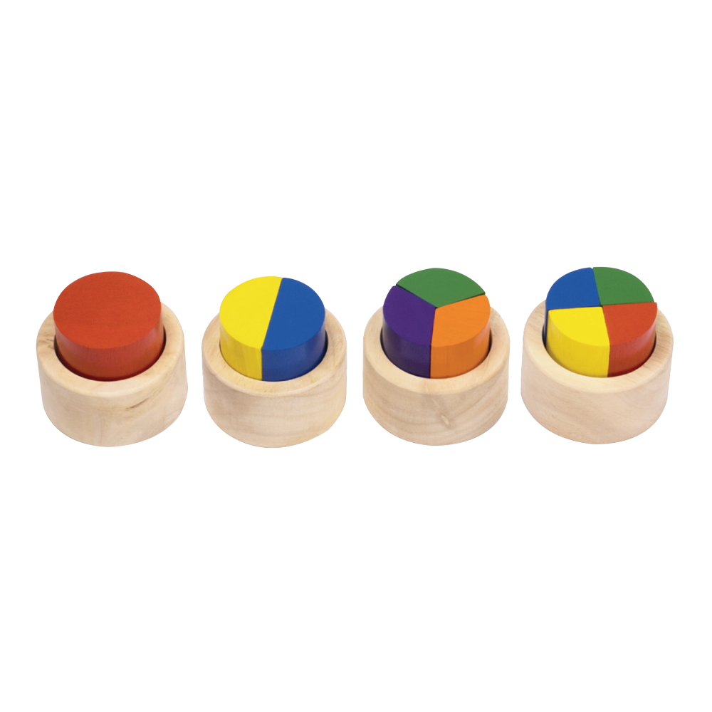 Set of wooden fraction circles with different colored segments, used for educational purposes.