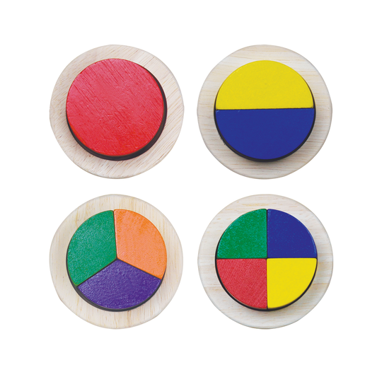 Set of wooden fraction circles with different colored segments, used for educational purposes.