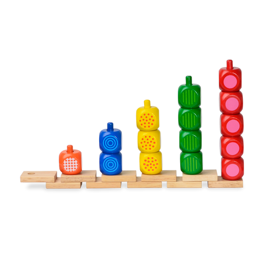 A set of colorful cube-shaped blocks arranged in increasing size on a wooden rod, with each block in a different color.