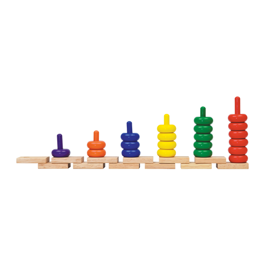 A set of colorful bead chains in various sizes threaded onto a wooden rod, with beads in different colors such as purple, yellow, green, and red.