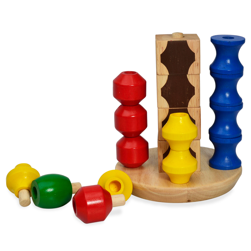 A set of colorful beads in red, yellow, blue, and brown, stacked on a wooden block with a natural finish.