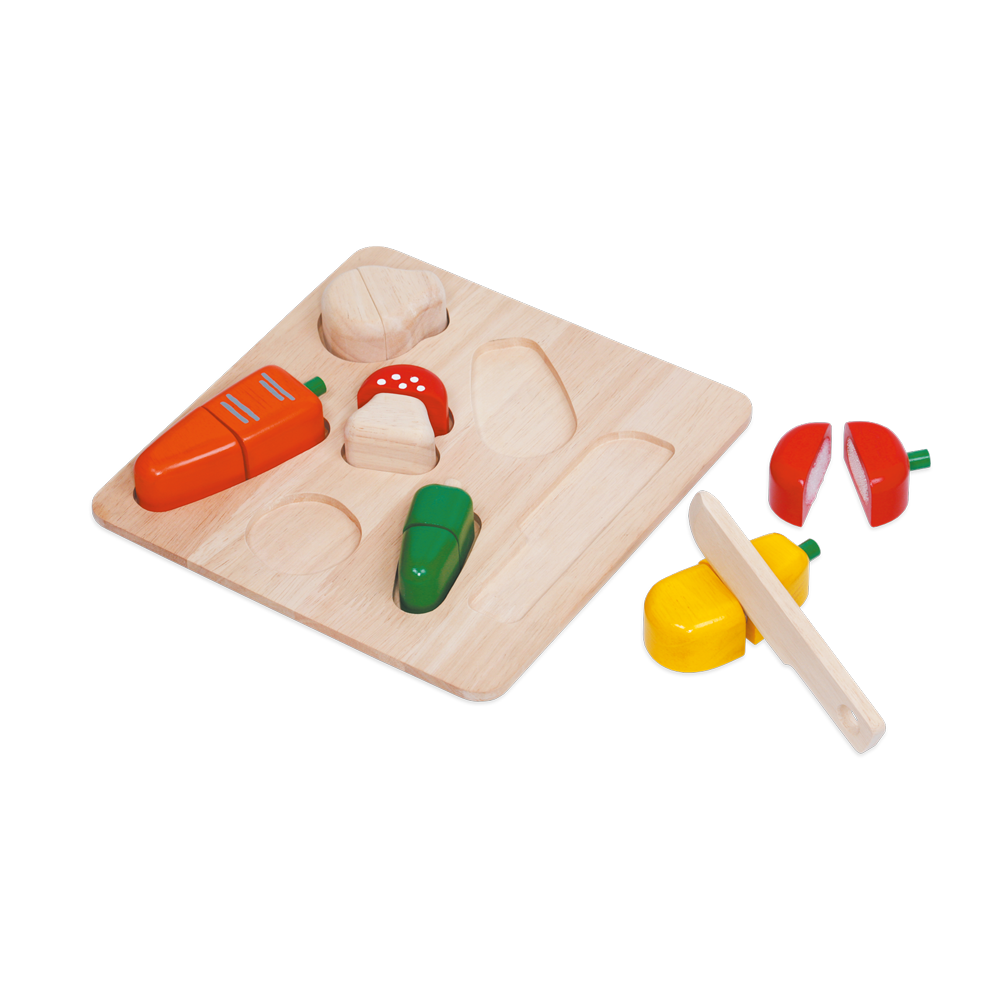 A wooden cutting toy set featuring various shaped pieces resembling fruits and vegetables along with a pretend knife.