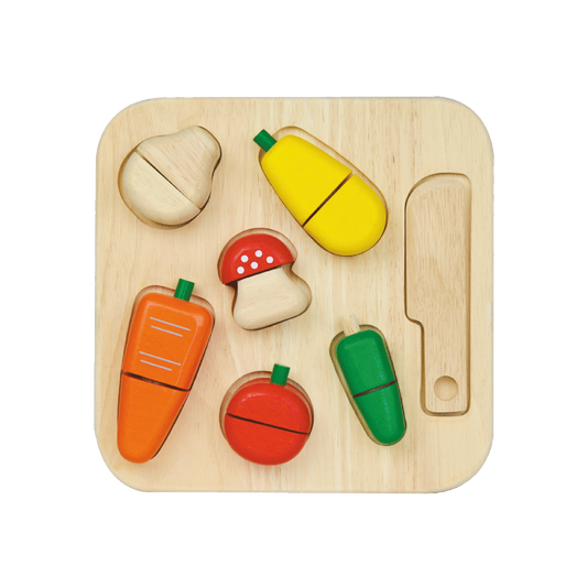 A wooden cutting toy set featuring various shaped pieces resembling fruits and vegetables along with a pretend knife.