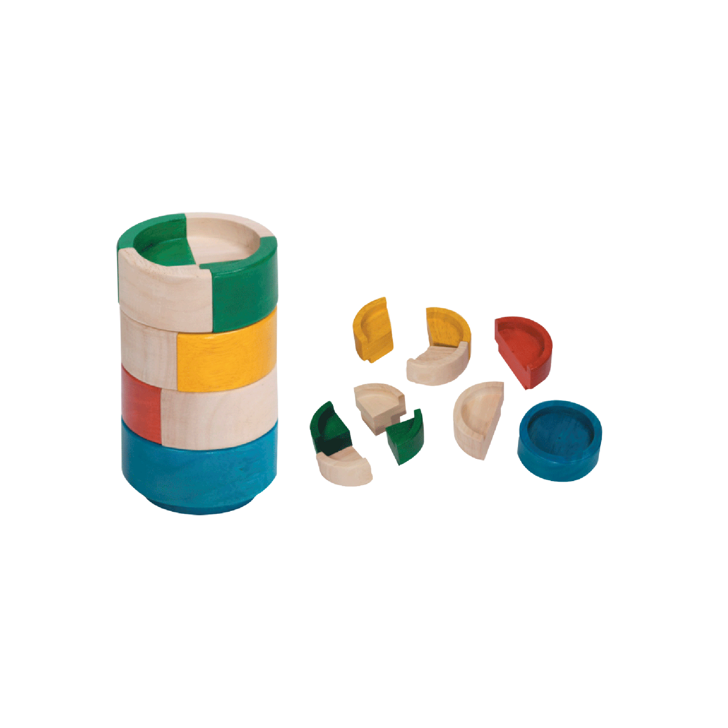 A colorful stack of circular blocks in blue, green, yellow, and red, arranged in a cylindrical shape.