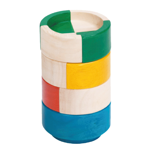 A colorful stack of circular blocks in blue, green, yellow, and red, arranged in a cylindrical shape.