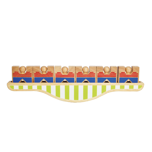 A colorful balancing game consisting of figures designed to be stacked in a curved Defying Gravity arrangement.