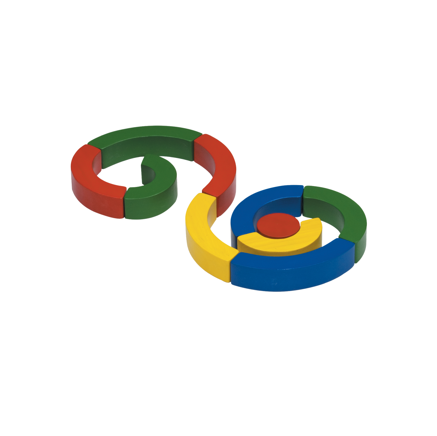 A colorful wooden toy shaped like a stacked set of circles, with each circle having a different color.