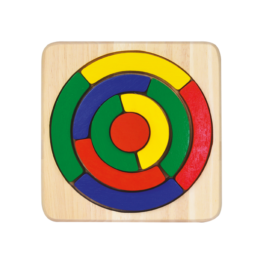 A colorful wooden toy shaped like a stacked set of circles, with each circle having a different color.