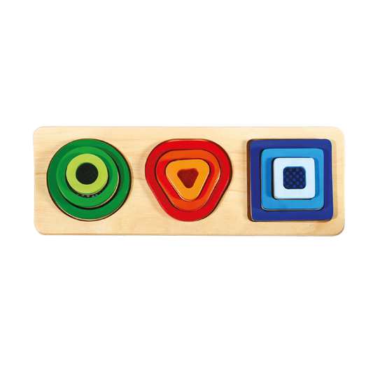 A wooden shape and color puzzle for children, consisting of interlocking circular discs in various colors.