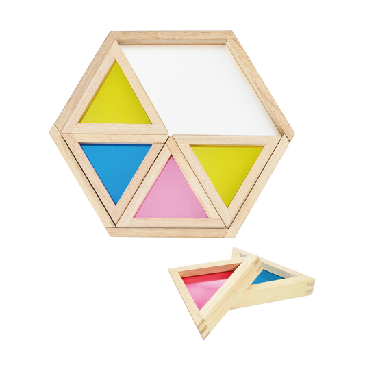 A set of translucent triangle blocks in primary colors red, blue, and yellow, stored in a translucent tray with a hexagonal wooden frame.