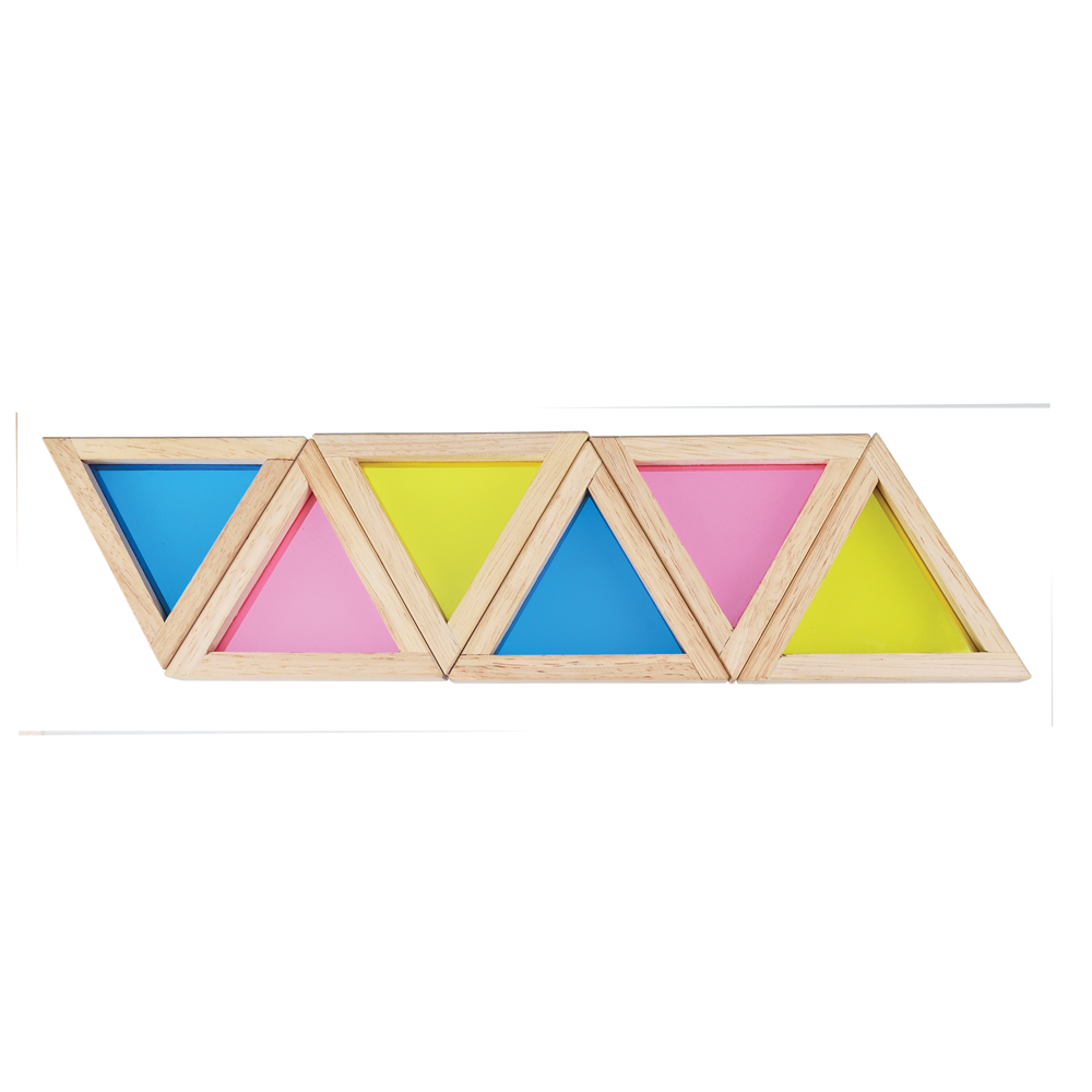 A set of translucent triangle blocks in primary colors red, blue, and yellow, stored in a translucent tray with a hexagonal wooden frame.