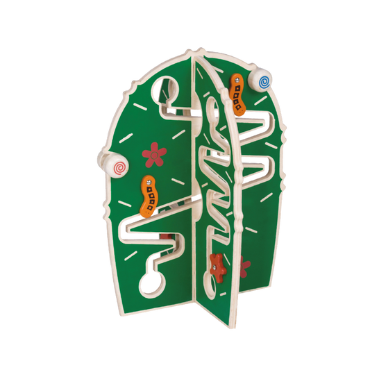 A green rolling cactus-shaped toy with marbles on tracks