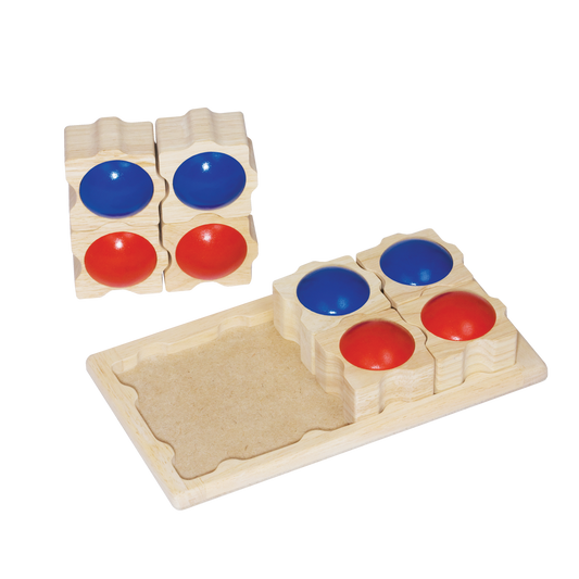 Two sets of color-coded sound cylinders with blue and red blocks, designed for sensory play.