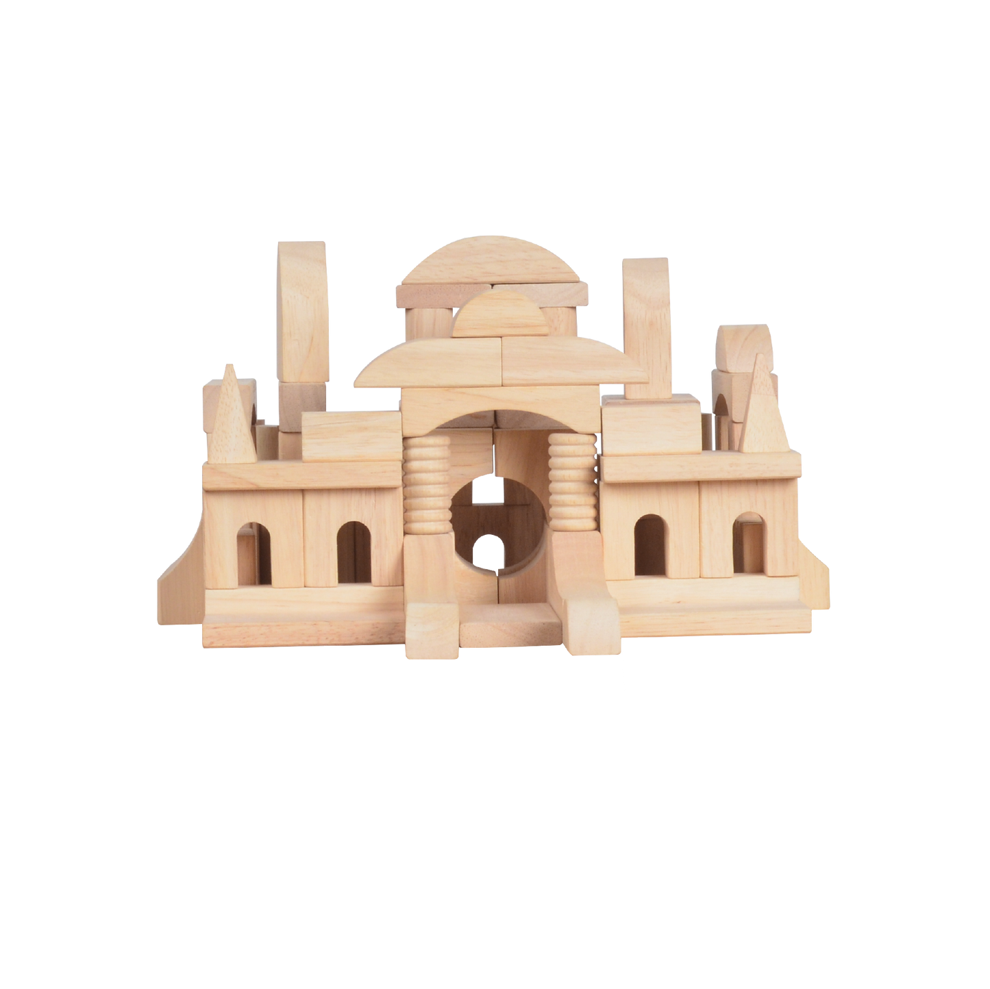 A wooden block construction representing a complex architectural structure with arched windows and a central circular opening.