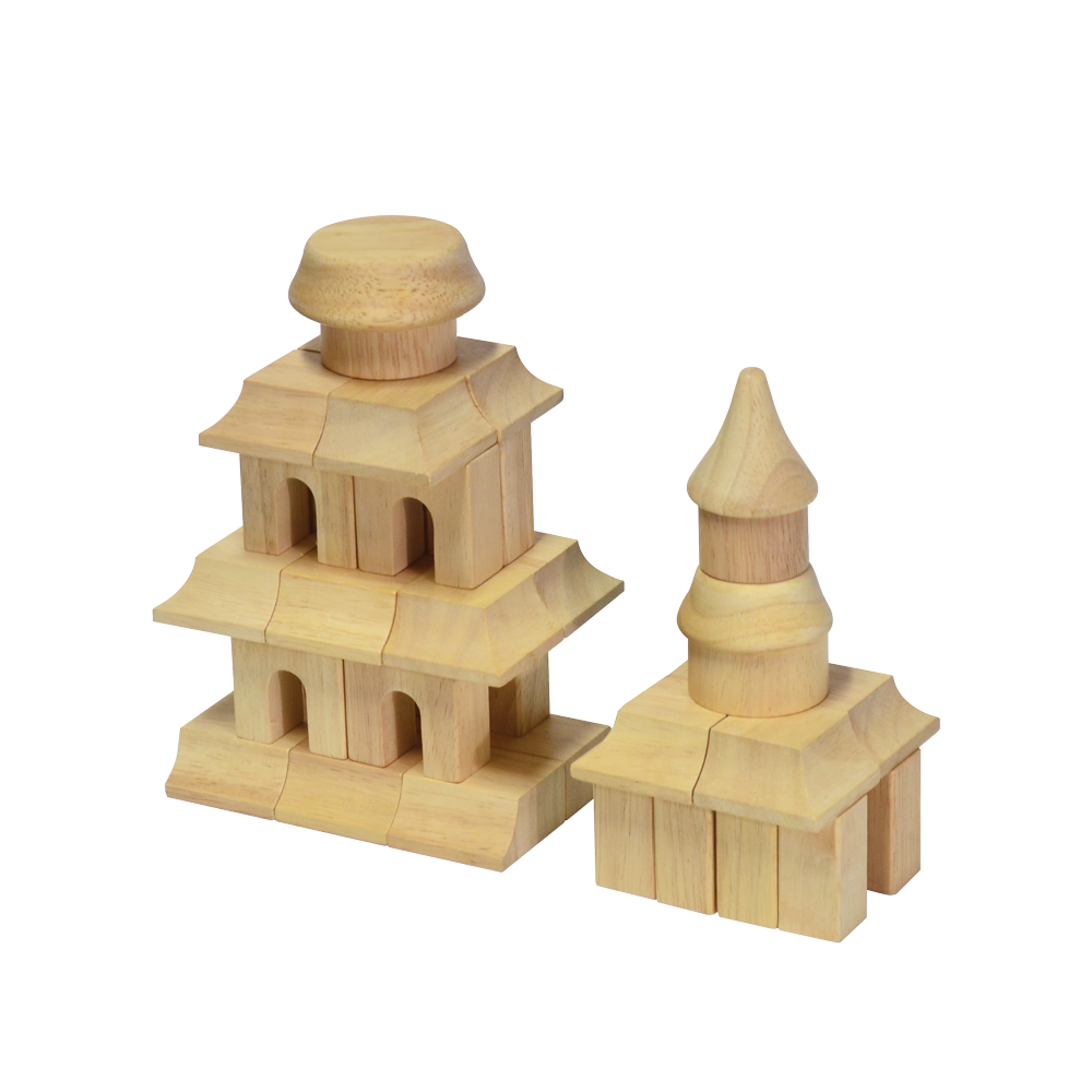 Two wooden block constructions, resembling architectural models, placed against a white background.