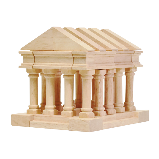 A wooden block toy structure resembling a classical building with columns.