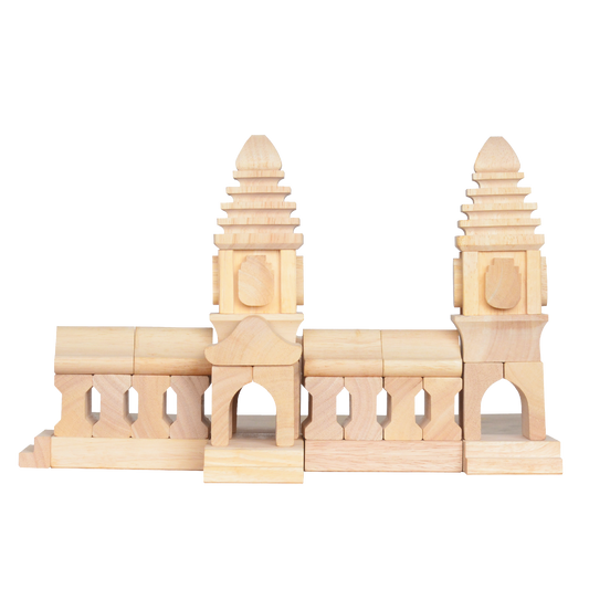 A set of beige wooden blocks arranged to form a complex architectural structure, suitable for children's play.