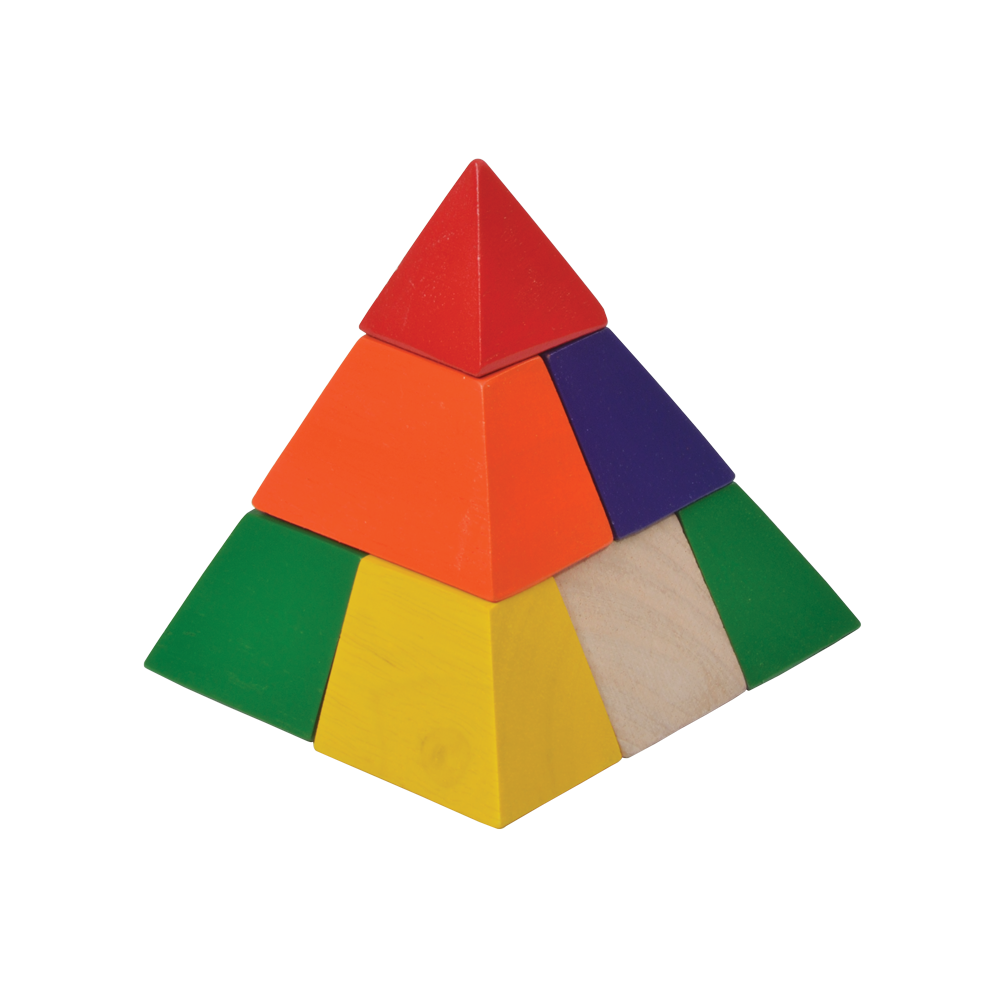 Nine geo blocks challenge children to build a Pyramid, to find four triangle sides, to stack-up and balance and to build to other forms.