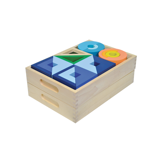 Includes 73 pieces of hollow and translucent blocks in various shapes—squares, rectangles, triangles, and arches—neatly packed in two trays.