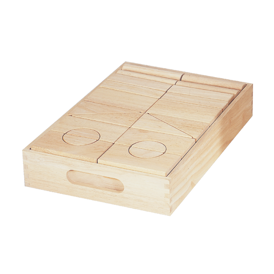 A small wooden block set with 14 different shapes, featuring a natural wood finish.
