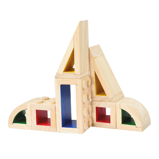 A set of wooden block toys arranged in a constructive play format with holes and dowels visible, designed for educational play.