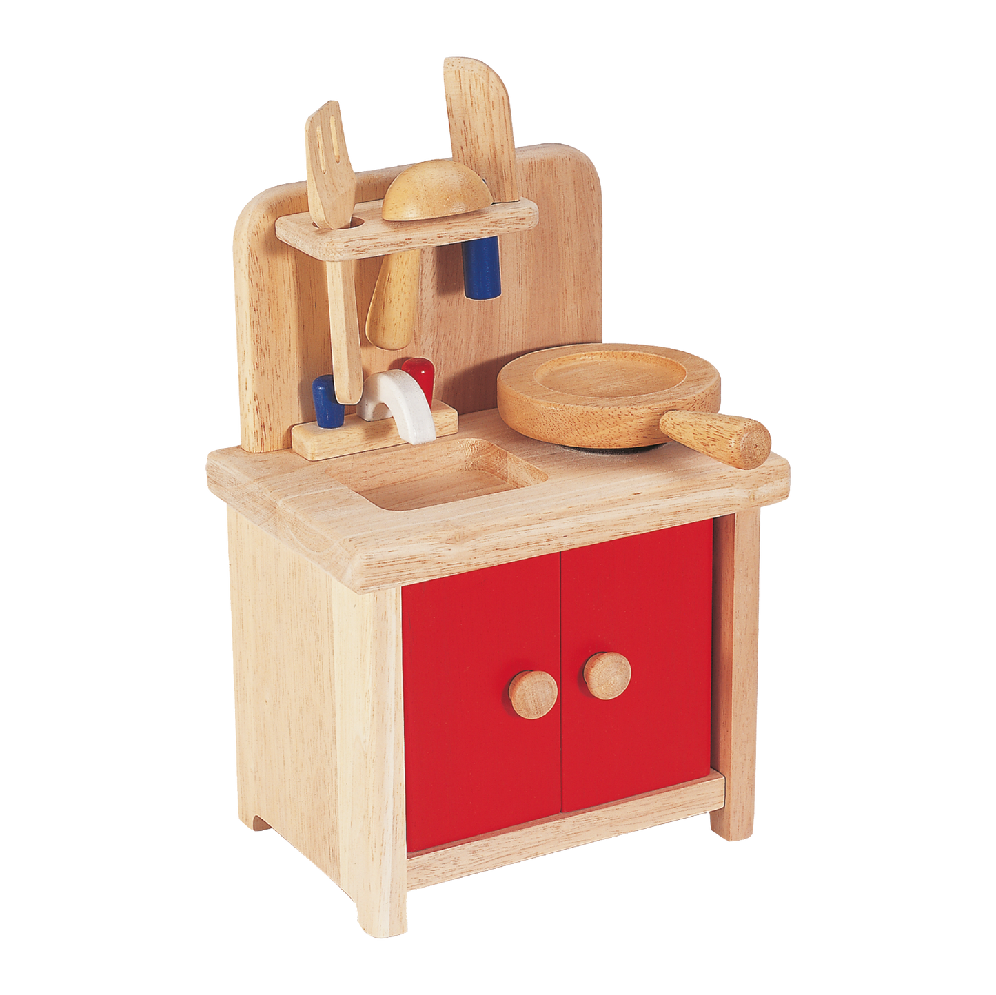 Children's wooden mini kitchenette with red cabinets, a pot, pan, and various utensils.