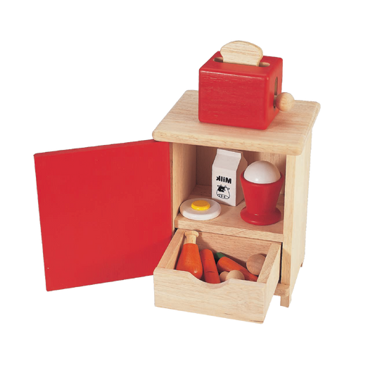 Children's wooden mini refrigerator toy with a red freezer compartment, a toaster, and pretend food items like milk and eggs.
