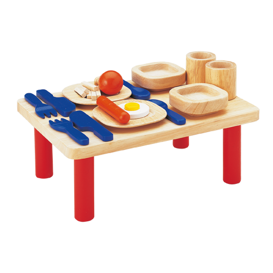Includes a portable dining table set with foods, plates, spoons, forks, knives, cups, and bowls for pretend play.