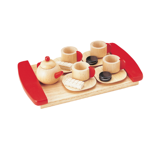 Wooden serving tray set with a tea pot, cups, and biscuits designed for children's pretend play.