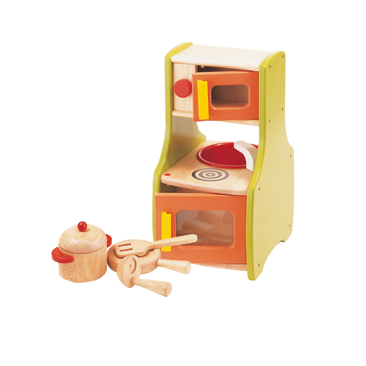 A wooden toy kitchen set including an oven, stove, sink, and accessories like pots and utensils. The set is primarily yellow and orange with realistic details and is designed for children.