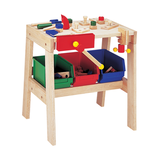 Children's wooden workbench with a large vise, various tools like wrench and screwdriver, and three plastic storage bins in red, blue, and green.