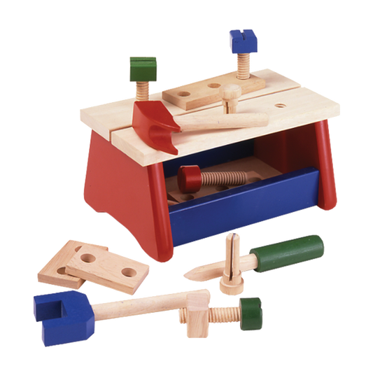 Children's wooden workbench toy with tools including a hammer, screwdriver, and wrench, primarily in red, blue, and natural wood colors.