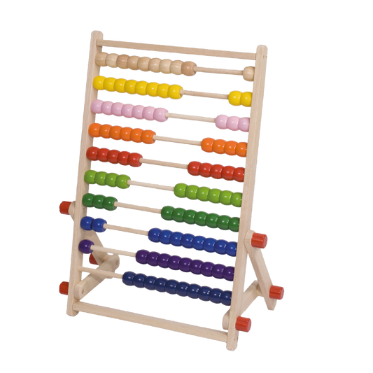 A colorful counting frame with beads on multiple rods, designed for educational purposes.