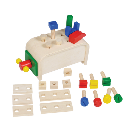 A colorful children's workbench set with various tools and wooden blocks.
