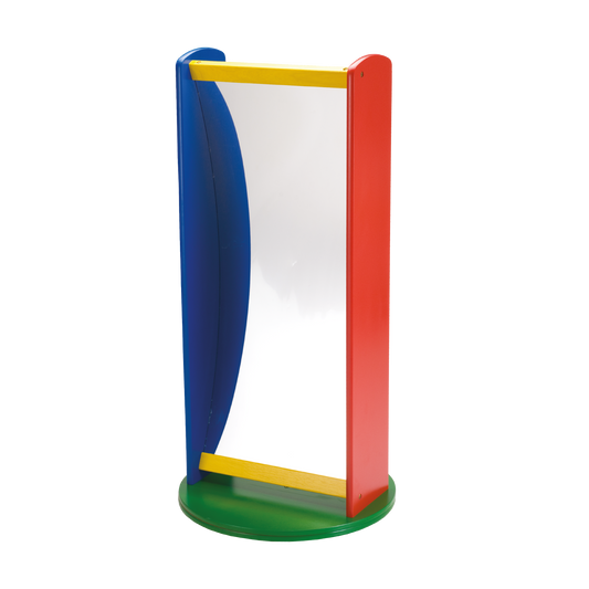 A large mirror with a carousel base, featuring a combination of concave and convex mirrors on one side.