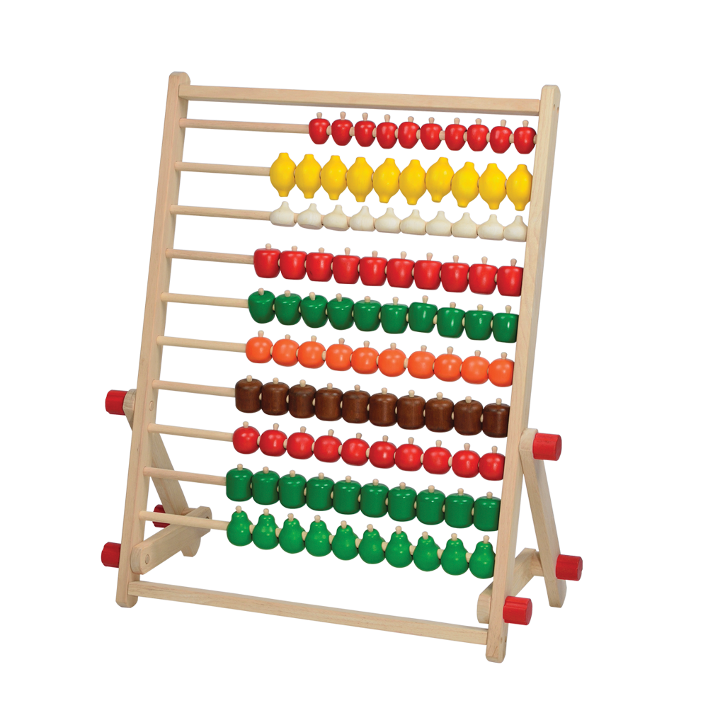 A wooden counting frame with numbers and fruits & vegetables on it, designed for young children.