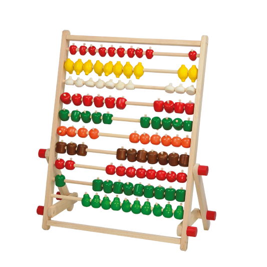 A wooden counting frame with numbers and fruits & vegetables on it, designed for young children.