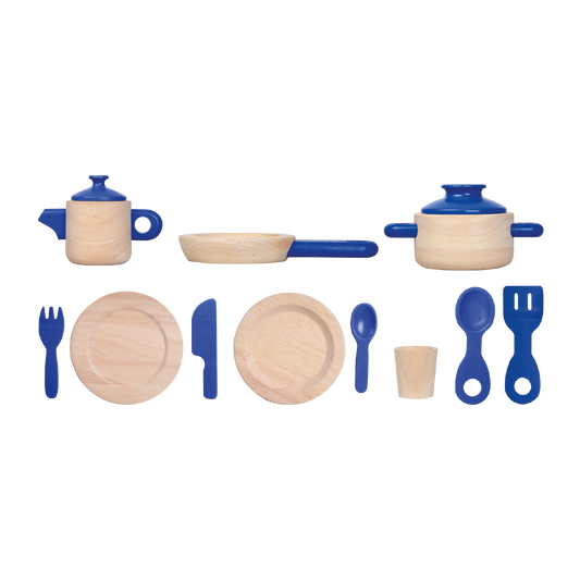 A pretend kitchen set for children, including a beige pot, pan, kettle, and utensils with blue handles.