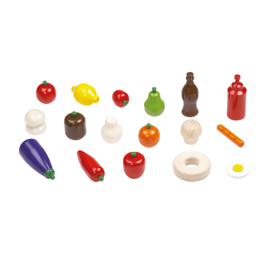 Assortment of play food items including fruits, vegetables, and condiments.