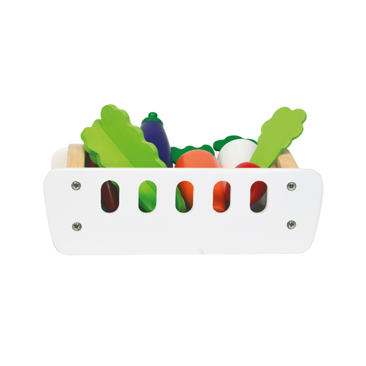 A wooden crate filled with colorful plastic vegetables, including carrots, lettuce, beetroot, and more, designed for pretend play.