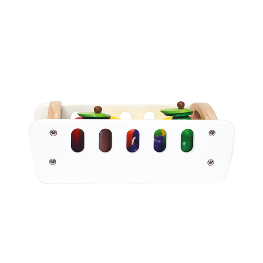 A wooden toy crate with fruits banana, grape, orange, kiwi-fruit, apple and pear, designed for children's play.