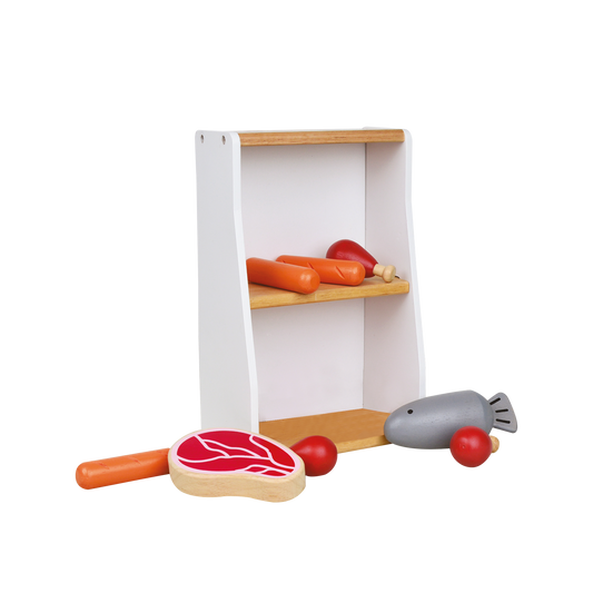 Wooden toy crate with fish, meat, sausages, and chicken legs