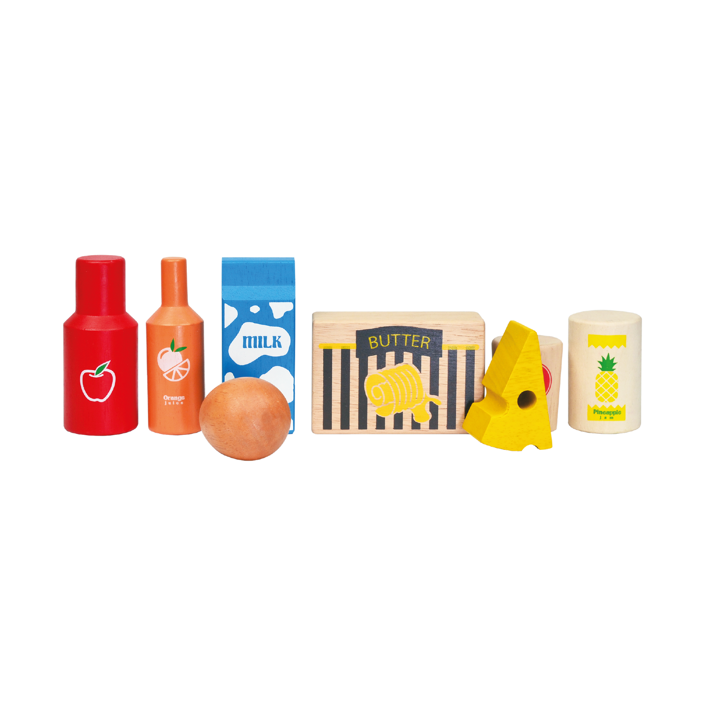 A wooden crate toy filled with various toy food items like yogurt, milk, cheese, butter, eggs, and juice boxes.