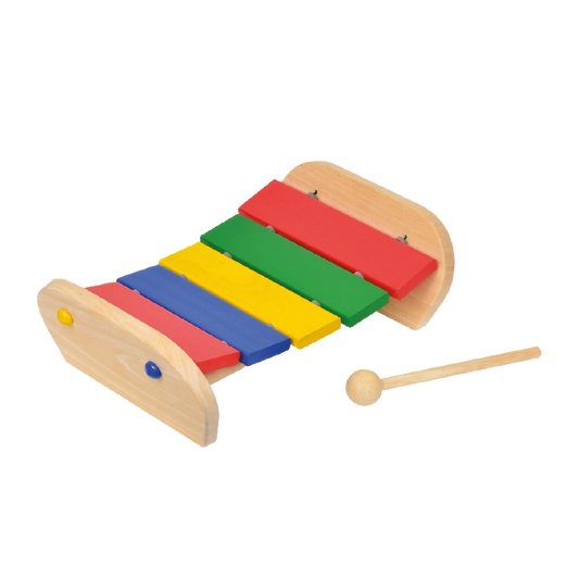 Features five hanging wooden bars in primary colors, each producing a different musical tone.