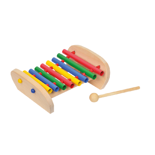 A colorful metal tubular bar xylophone with wooden frame and red mallet, designed for young children.