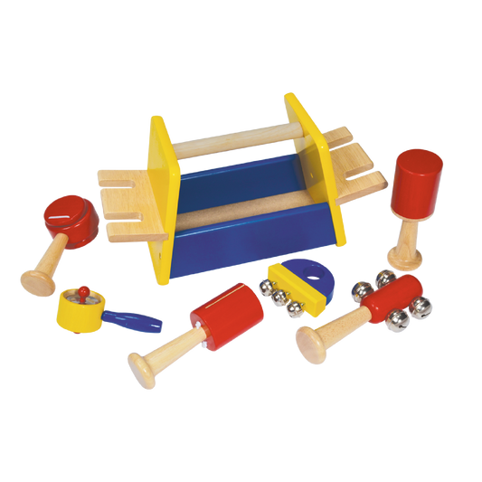 Includes six colorful musical instruments in primary colors, neatly stored in a wooden carry box for easy transport and play.