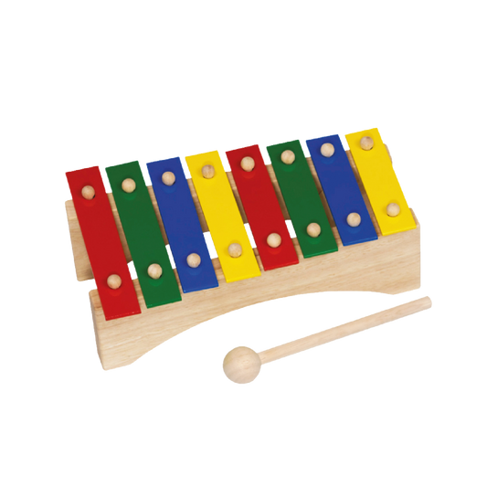 A colorful 8-note xylophone with flat metal bars in red, yellow, green, blue, and purple, and a wooden mallet. The xylophone is on a white background.
