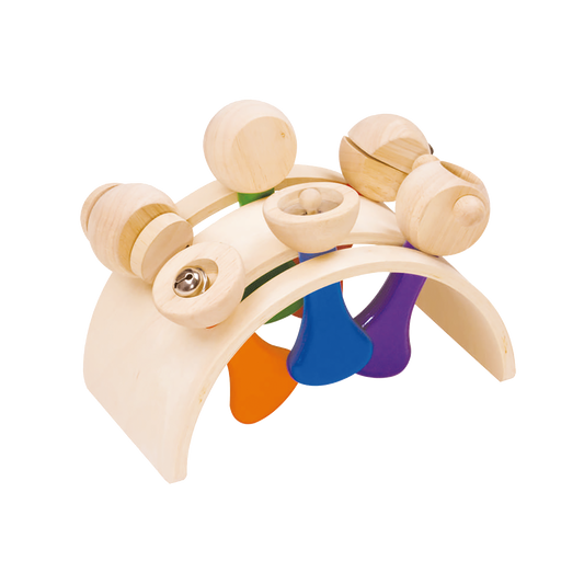 Durable stand holding 6 rhythm instruments: castanet, block drum, jingle bell, jingle stick, clapper, and maracas.